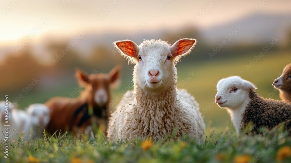 Obraz premium Peaceful Sheep Grazing in a Verdant Field with Attentive Shepherd Dog.