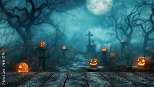 Spooky graveyard with glowing jack-o’-lanterns and a full moon, ideal for eerie Halloween-themed designs.