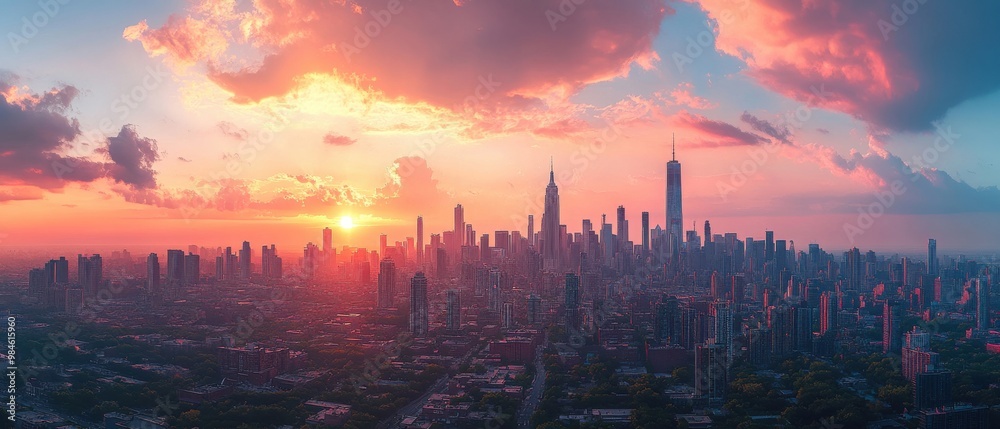 Cityscape at Sunset: Silhouetted Skyscrapers Against Vibrant Hues Cityscape at Sunset: Silhouetted Skyscrapers Against Vibrant Hues