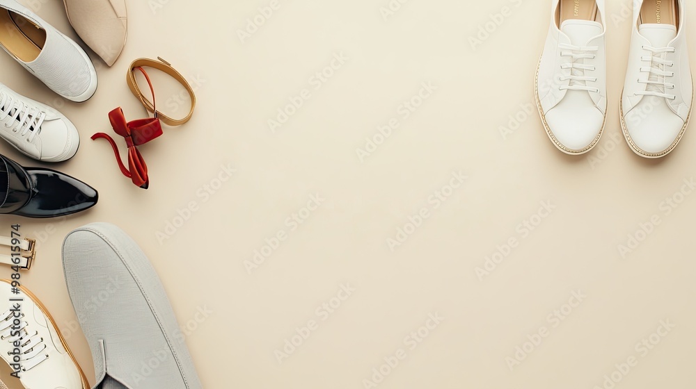 Brown shoes rest on a beige background surrounded by cotton bracelets and autumn leaves, evoking a warm, cozy fall vibe perfect for seasonal promotion Brown shoes rest on a beige background surrounded by cotton bracelets and autumn leaves, evoking a warm, cozy fall vibe perfect for seasonal promotion