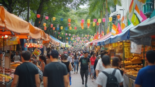 Wallpaper Mural Vibrant Street Market with Colorful Lanterns and Crowds of People Torontodigital.ca