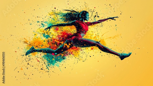 Minimalist vector of acrobatic gymnast flipping on the trampoline with bold abstract shapes and vibrant colors photo