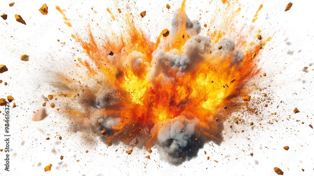 Fiery Explosion with Flying Debris, White Background, Smoke, Fire, Explosion, Debris, Fireball Fiery Explosion with Flying Debris, White Background, Smoke, Fire, Explosion, Debris, Fireball