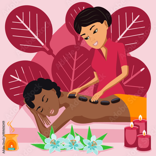 Hot Stone Massage. Therapy and treatment by professional therapist in SPA. Isolated flat vector illustration. Eastern and African ethnicity.