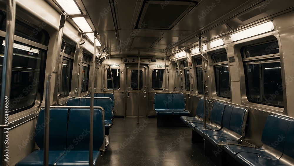 Spacious subway car with modern lighting and empty seats. Spacious subway car with modern lighting and empty seats.