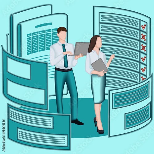 Man and woman study the survey results to identify and understand problems in the decision-making process. Business concept. 2D vector illustration.