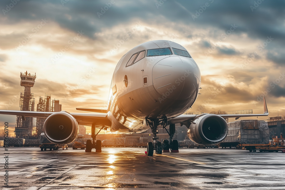 A white airplane is parked on the tarmac at sunset. A white airplane is parked on the tarmac at sunset.