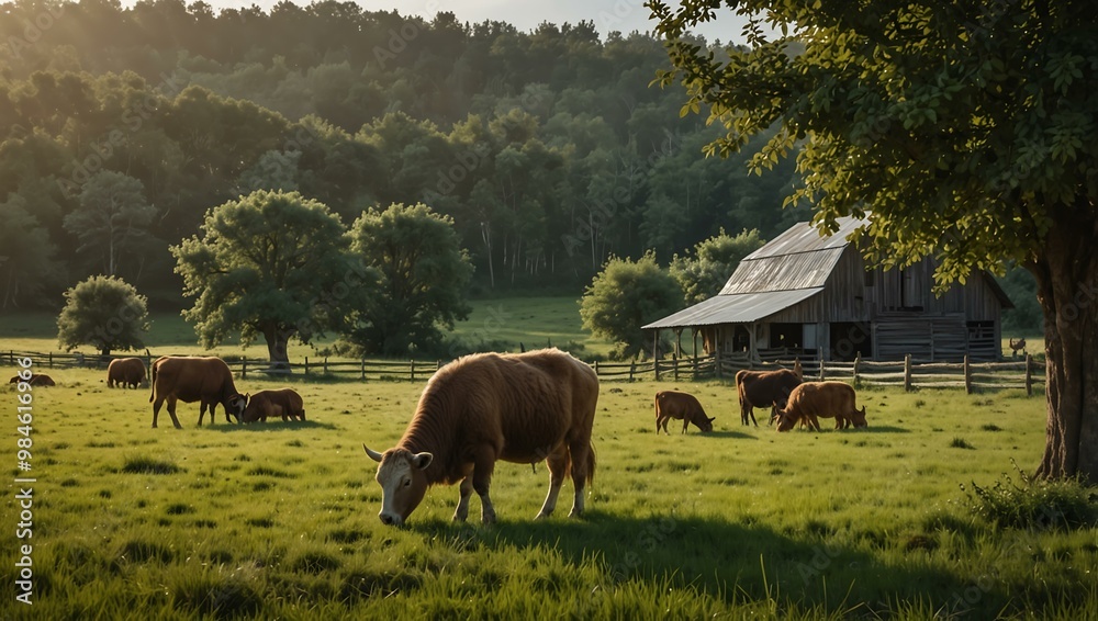 Quiet farm scene with animals grazing in a grassy field. Quiet farm scene with animals grazing in a grassy field.
