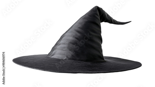 A classic black witch hat with a pointed crown and wide brim, perfect for Halloween or cosplay., isolated on background.