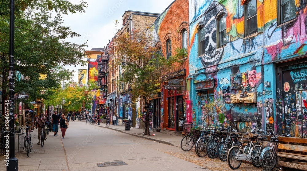 Fototapeta premium Vibrant Graffiti-Covered Storefronts and Bicycles on a Lively Urban Street