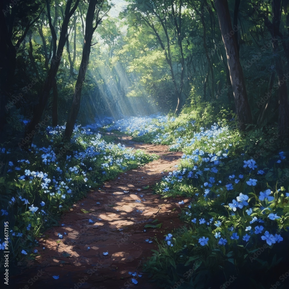 Obraz premium Sunbeams Through the Trees, Digital Painting, Forest Path with Blue Flowers, Sunbeams, Forest, Flowers