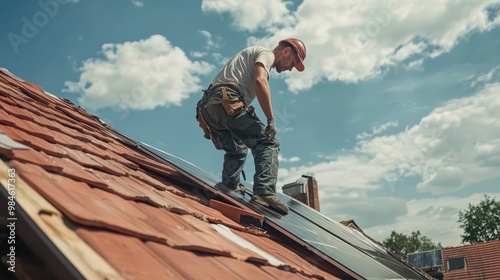 A master in a uniform and helmet repairs tiles on the roof of a house. Roofing, repair and reconstruction