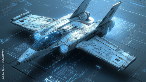 A futuristic fighter jet hovers over a digital blueprint, glowing with energy. photo