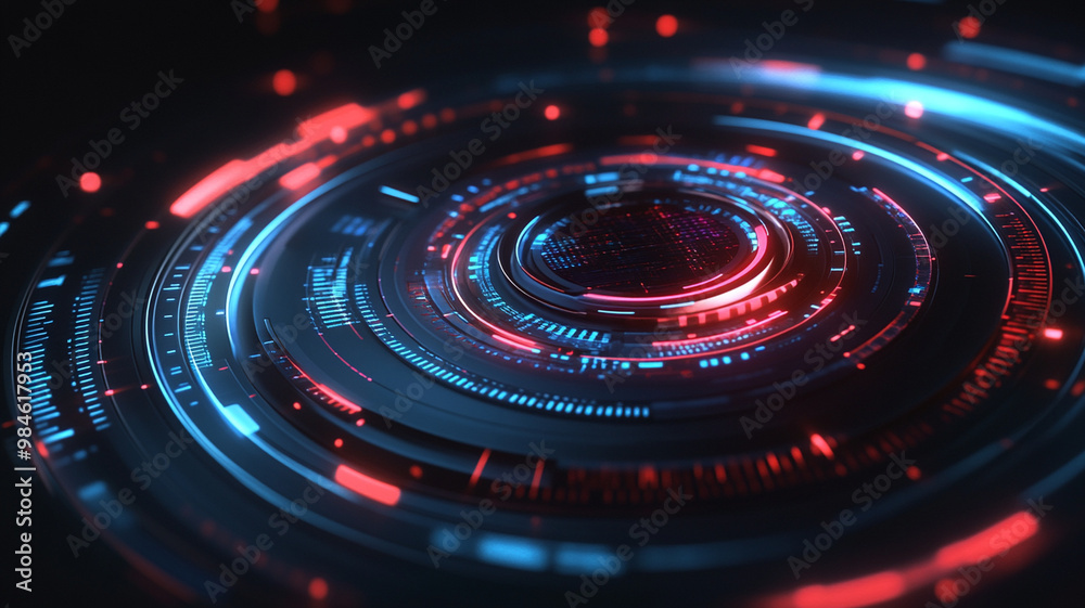 Futuristic technology design featuring abstract circular patterns in red and blue hues, creating dynamic and vibrant visual experience Futuristic technology design featuring abstract circular patterns in red and blue hues, creating dynamic and vibrant visual experience