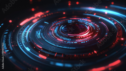 Wallpaper Mural Futuristic technology design featuring abstract circular patterns in red and blue hues, creating dynamic and vibrant visual experience Torontodigital.ca