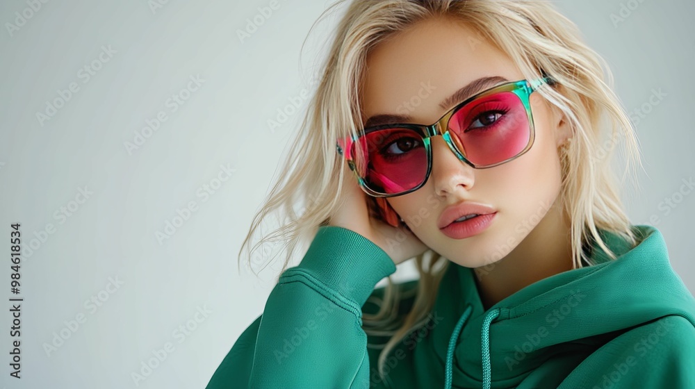 Portrait of a Blonde Woman Wearing Green Hoodie and Pink Sunglasses Portrait of a Blonde Woman Wearing Green Hoodie and Pink Sunglasses