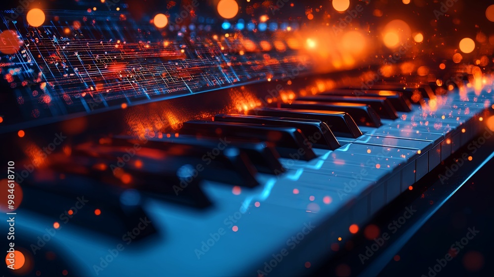 Piano Keys with Abstract Blue and Orange Lights Piano Keys with Abstract Blue and Orange Lights
