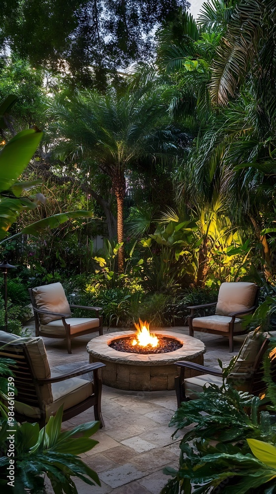 A cozy outdoor setting with comfortable chairs around an inviting fire pit, surrounded by lush greenery and a well-organized home garden, offering warmth on cool nights in the yard. A cozy outdoor setting with comfortable chairs around an inviting fire pit, surrounded by lush greenery and a well-organized home garden, offering warmth on cool nights in the yard.