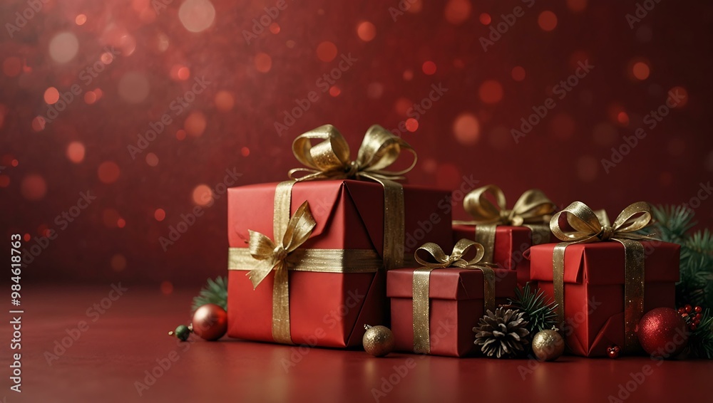 Red Christmas background with decorations and gifts. Red Christmas background with decorations and gifts.
