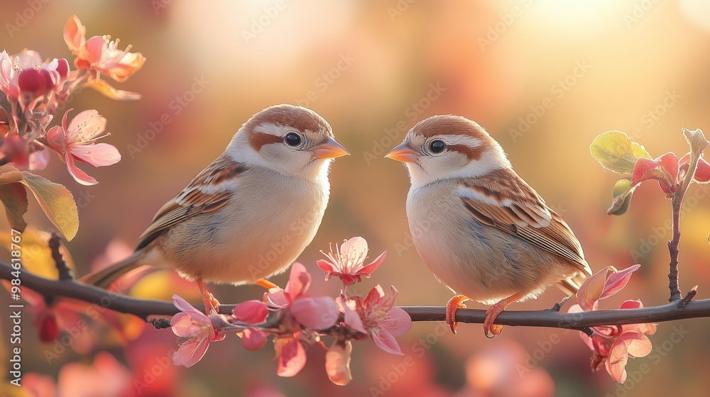 Two small sparrow chicks sit snugly on a branch, surrounded by vibrant pink flowers in a sunny garden. Their playful expressions and fluffy feathers create a delightful scene of nature.