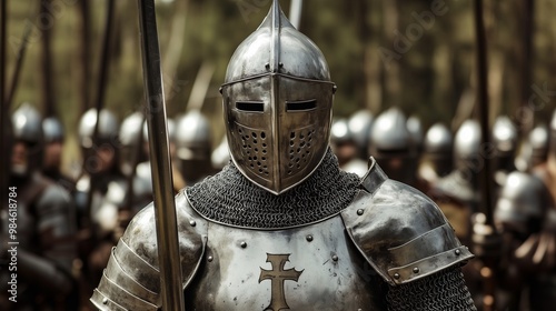 A knight clad in shining armor stands confidently, holding a spear, while an array of armed soldiers assembles behind him in a dense forest setting, ready for battle. photo