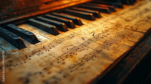 A Close-Up of Worn Piano Keys and Sheet Music