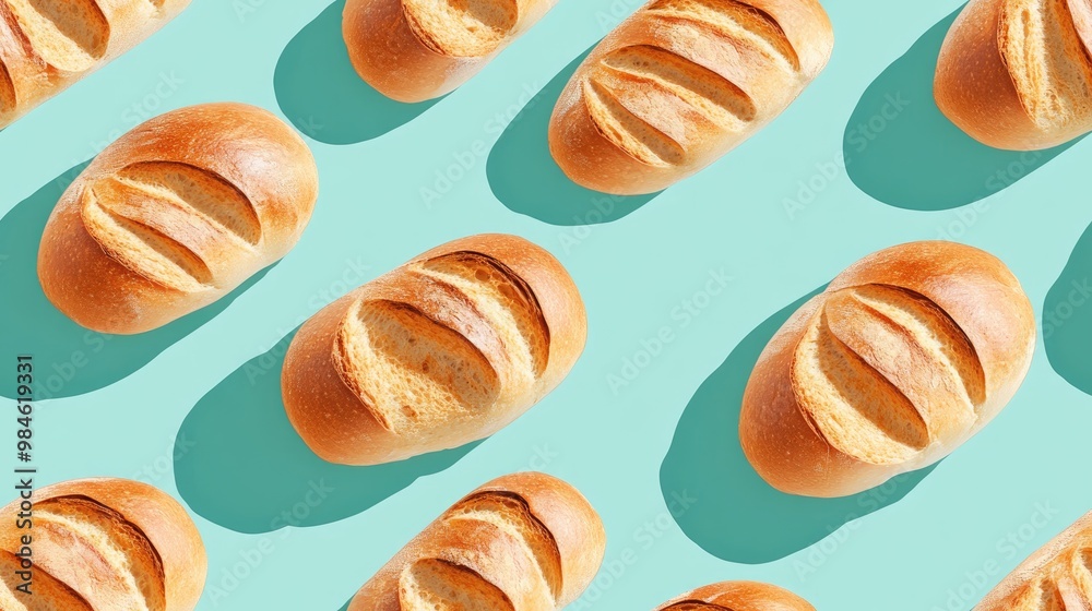Composition of bread with shadows set against a soft pastel blue background Seamless pattern suitable for wallpaper backgrounds and textiles Eco friendly products Still life Banner Composition of bread with shadows set against a soft pastel blue background Seamless pattern suitable for wallpaper backgrounds and textiles Eco friendly products Still life Banner