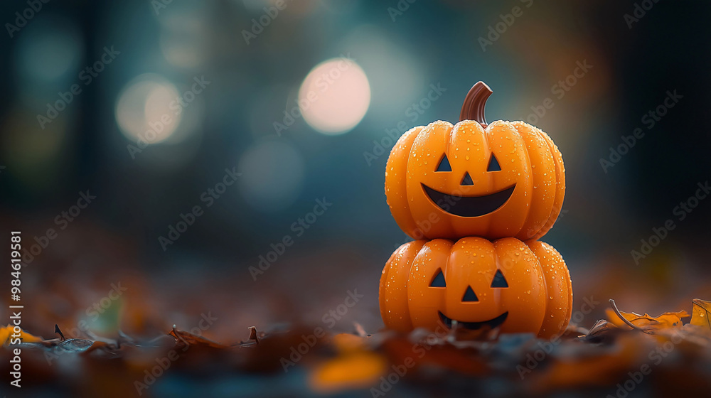 Naklejka premium Stacked Halloween pumkins with Smiley Face in a Cute Cartoon Style, Dark Tones and Blurred Background Creating a Mysterious Atmosphere for Children's Wallpaper