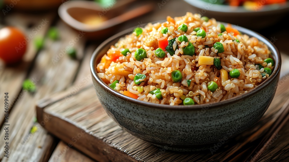 Close-up of a bowl of delicious fried rice with vegetables. Close-up of a bowl of delicious fried rice with vegetables.
