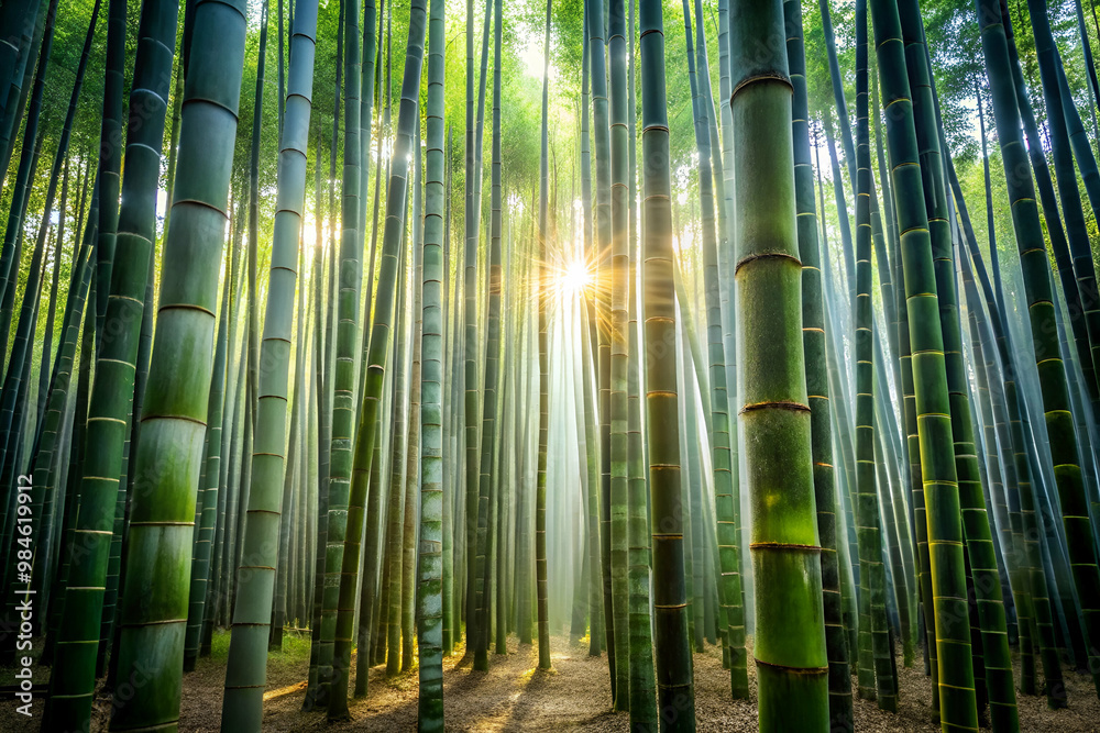 A forest of bamboo trees with a sun shining through the leaves A forest of bamboo trees with a sun shining through the leaves