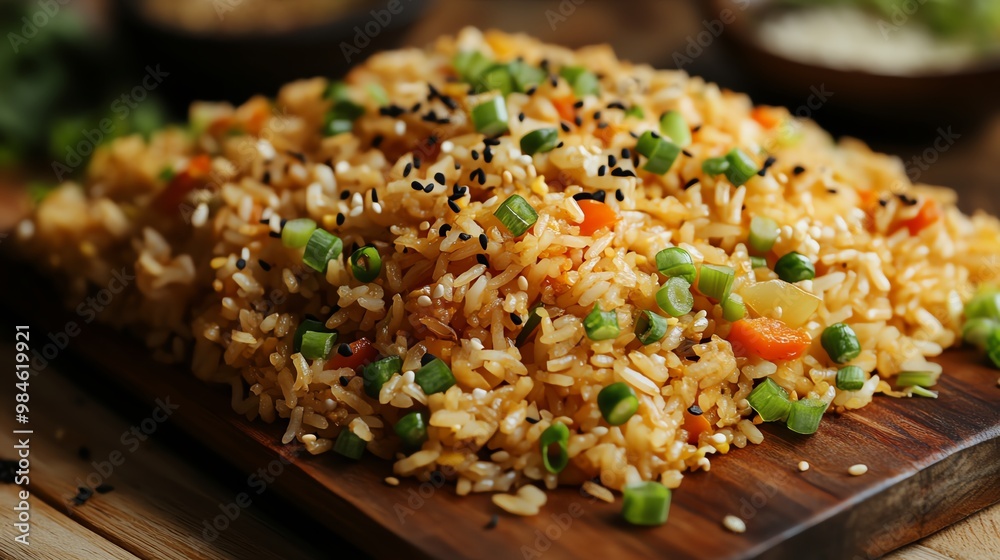 Closeup of a plate of delicious fried rice with vegetables and sesame seeds.