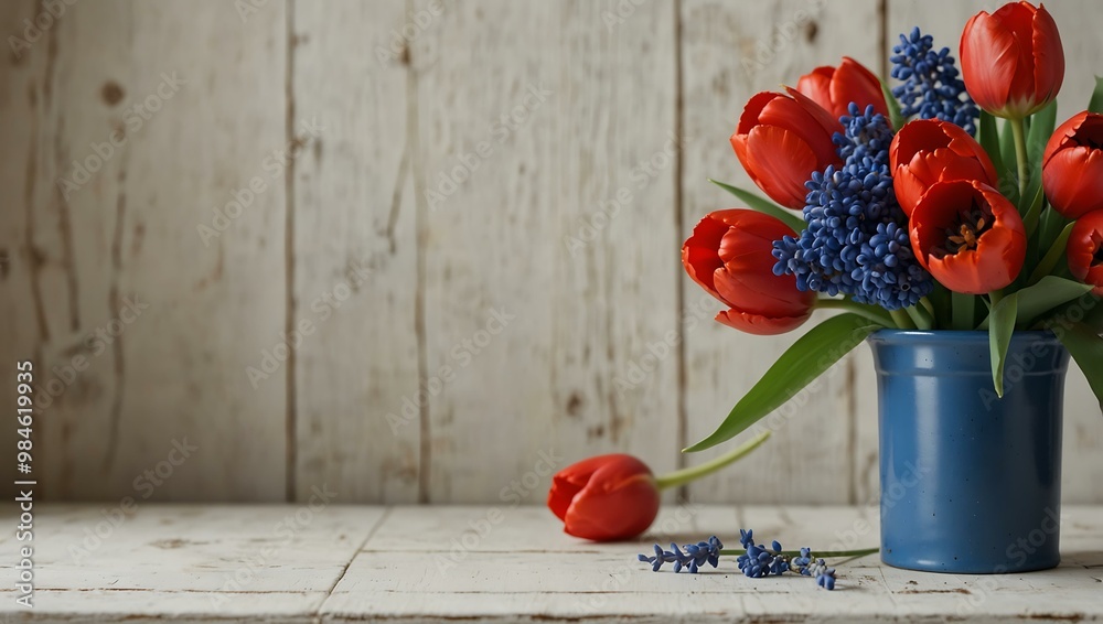 Red tulips and blue muscari bouquet on white wooden table. Red tulips and blue muscari bouquet on white wooden table.