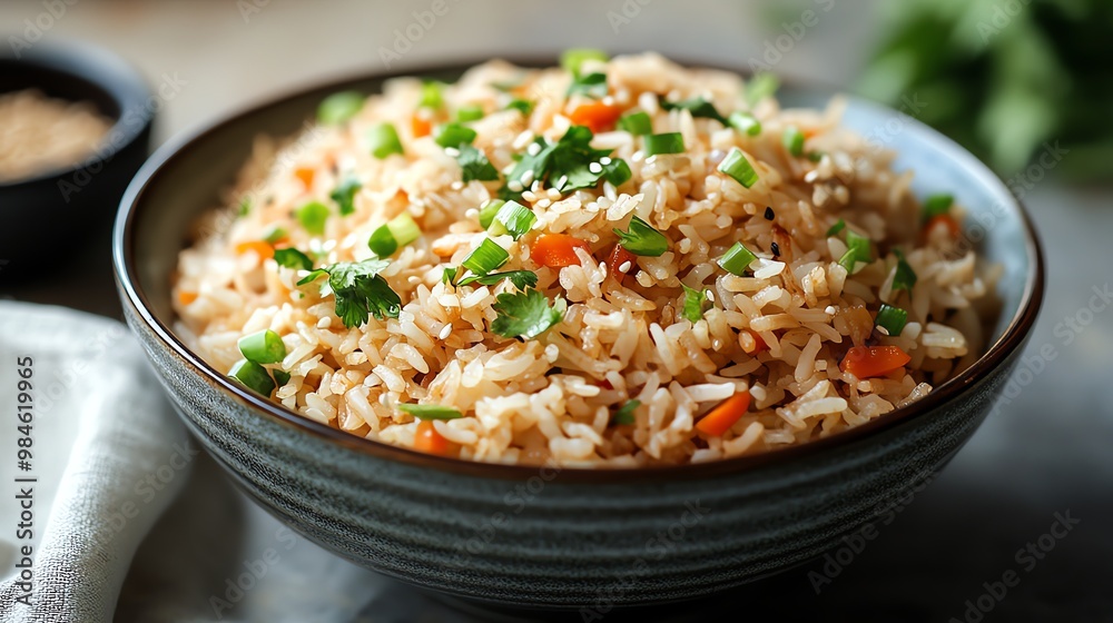 Close-up of a bowl of delicious fried rice with vegetables. Close-up of a bowl of delicious fried rice with vegetables.