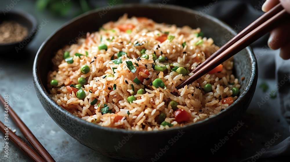 Close-up of a bowl of delicious fried rice with chopsticks. Close-up of a bowl of delicious fried rice with chopsticks.