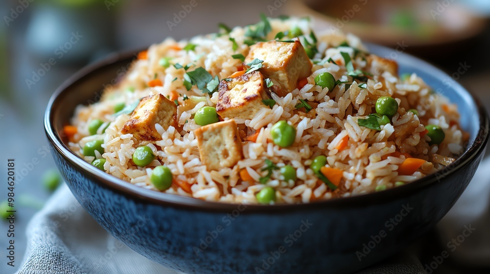 Vegetarian fried rice can be customized with tofu, tempeh, or edamame for added protein