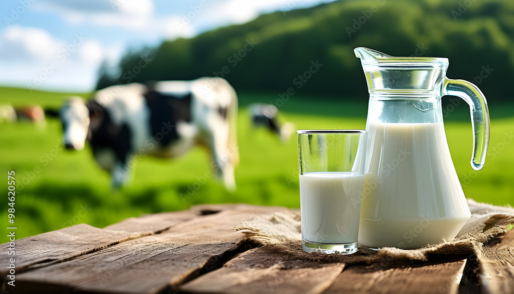 Glass and pitcher of fresh milk on wooden table with grass field and cows background Glass and pitcher of fresh milk on wooden table with grass field and cows background