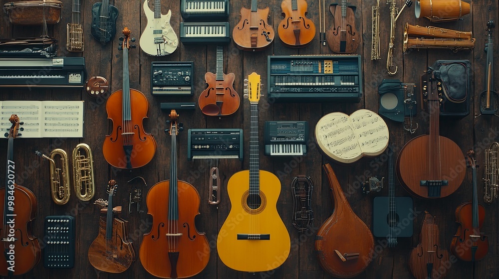 Naklejka premium An Array of Musical Instruments Hanging on a Wooden Wall