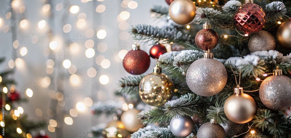 Christmas Tree With Baubles balls And Blurred Shiny Lights ornaments decoration Christmas Tree With Baubles balls And Blurred Shiny Lights ornaments decoration