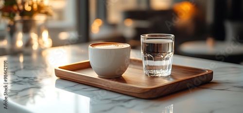 Cup of coffee and glass of water on a wooden tray.