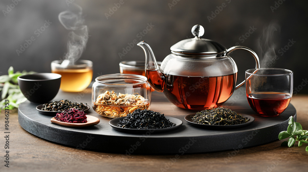 A modern tea arrangement featuring a sleek teapot, a variety of tea types, and stylish tea accessories. A modern tea arrangement featuring a sleek teapot, a variety of tea types, and stylish tea accessories.