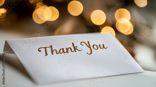 A beautifully crafted handwritten thank you note on a white table with a blurred background of soft golden lights captured in a minimalist composition