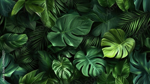 Texture of lush green leaves and tropical herbs