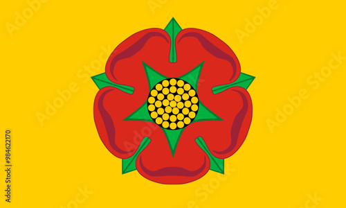 Flag of Lancashire or Lancs Ceremonial county (England, United Kingdom of Great Britain and Northern Ireland, uk) Red Rose flower of Lancaster on a yellow (gold) field