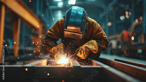 Welder in Protective Gear Performing Metalwork with Sparks Flying