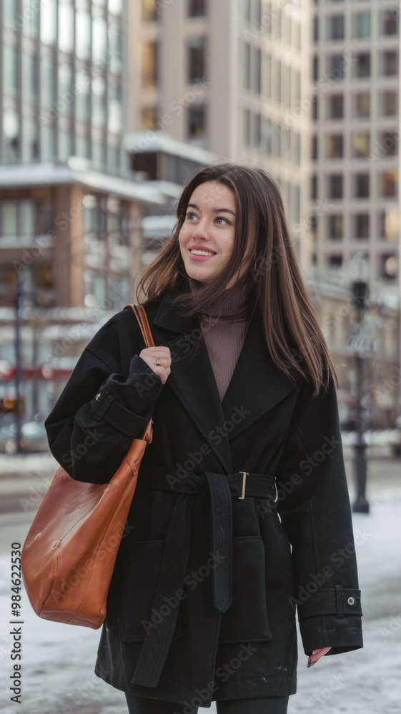 Fototapeta premium Woman in a black coat with a brown bag walking on a snowy city street, with buildings in the background. Concept of winter urban lifestyle