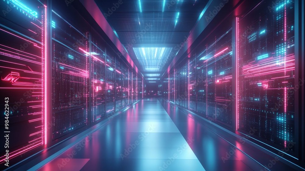 Futuristic data center corridor with glowing neon lights and advanced technology. vibrant colors create dynamic atmosphere, showcasing modern digital environment Futuristic data center corridor with glowing neon lights and advanced technology. vibrant colors create dynamic atmosphere, showcasing modern digital environment