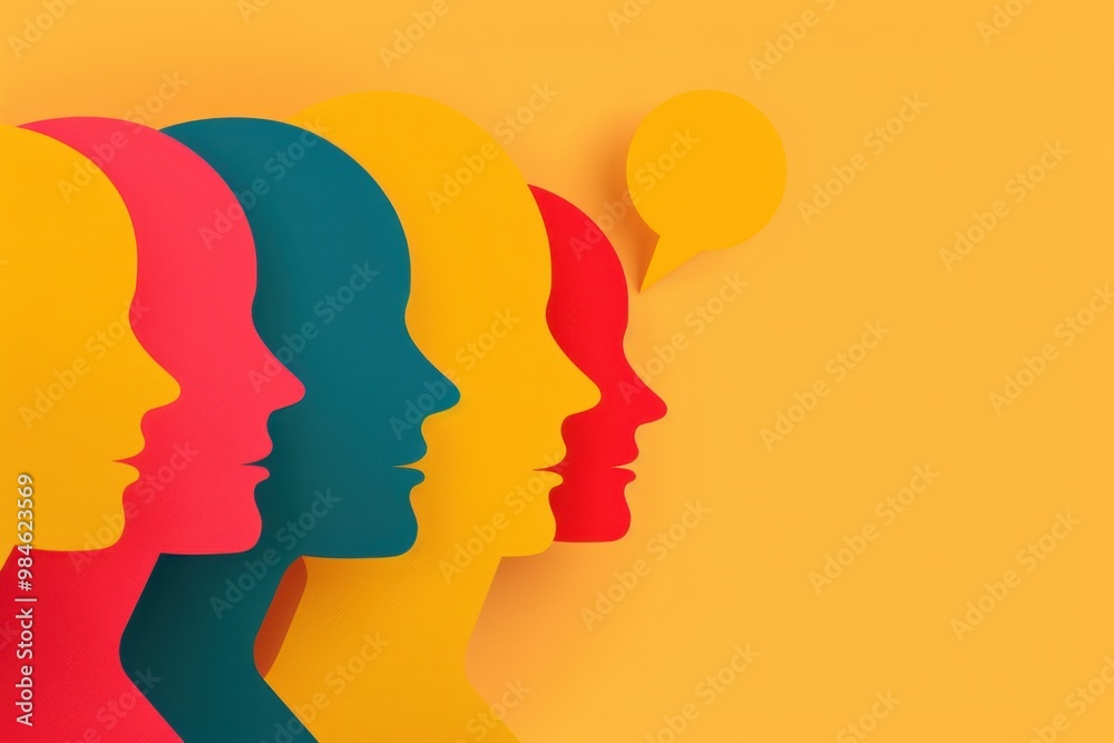 Colorful abstract profiles of people with speech bubble symbolizing communication and conversation Colorful abstract profiles of people with speech bubble symbolizing communication and conversation
