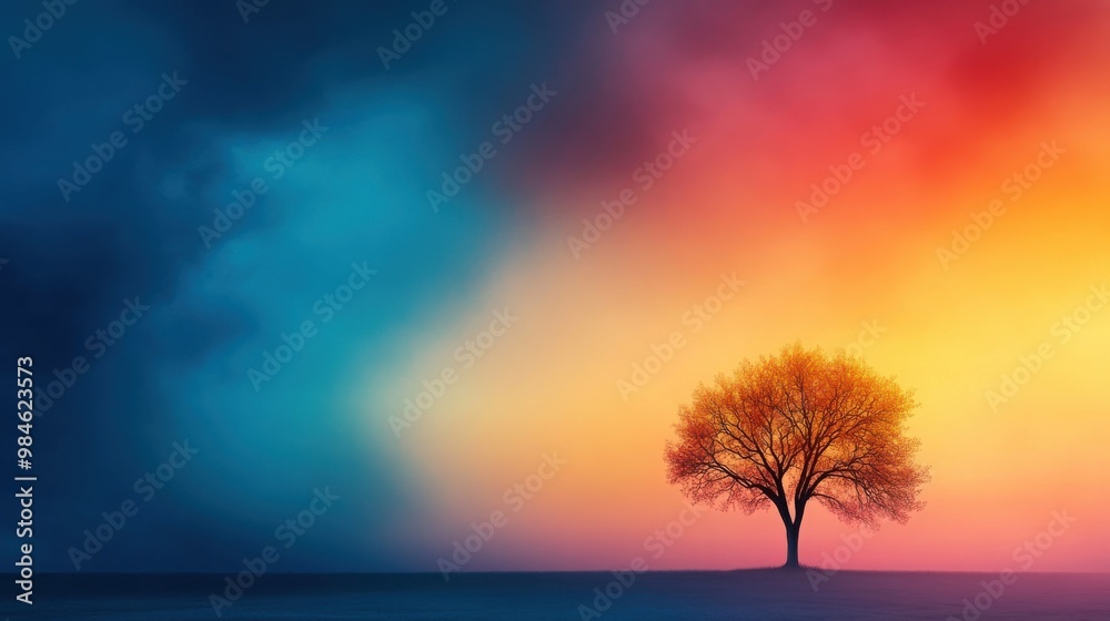 Stunning Lone Tree Against a Vibrant Winter Sky with Crescent Moon and Rainbow Swirl Stunning Lone Tree Against a Vibrant Winter Sky with Crescent Moon and Rainbow Swirl