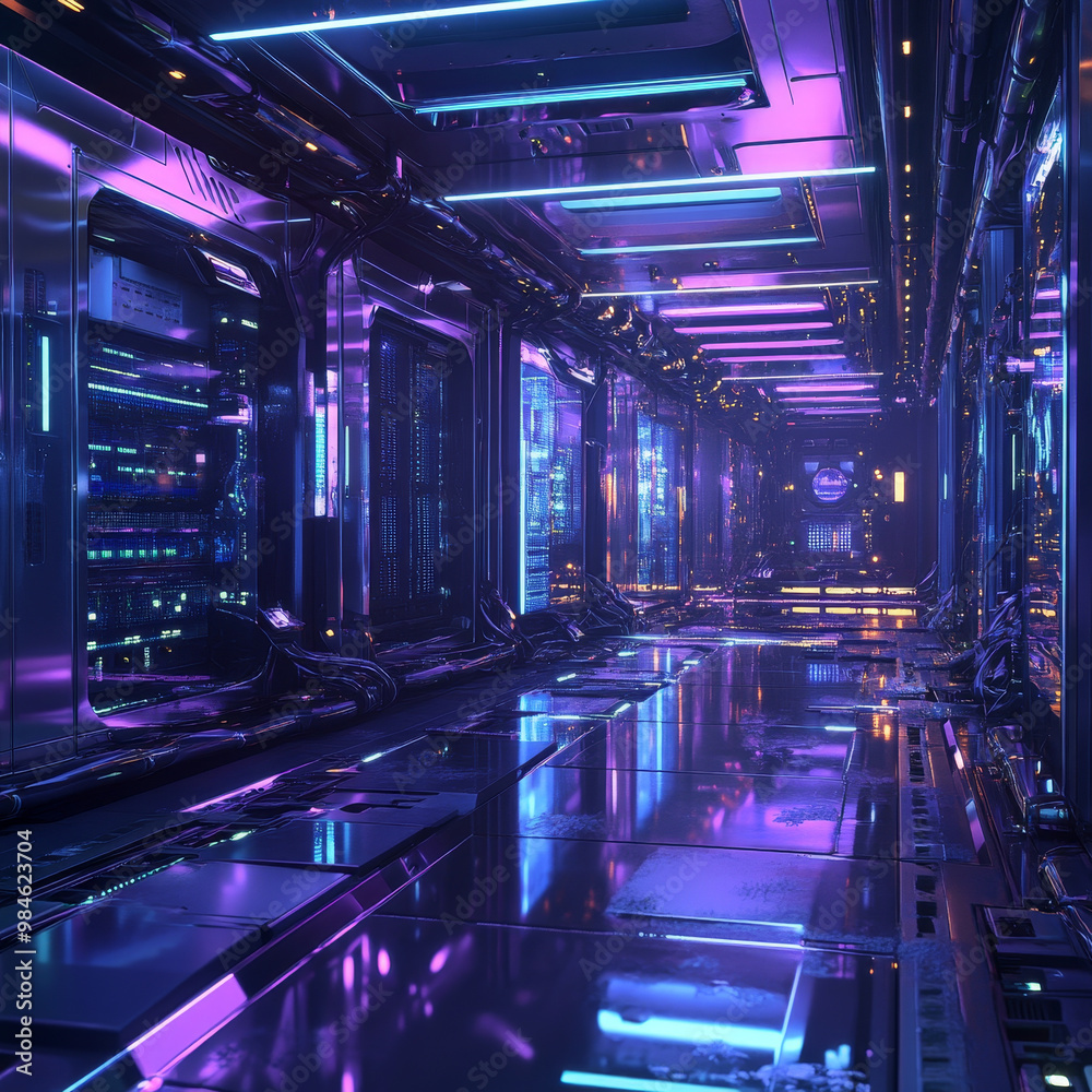 Futuristic server room with glowing cables and vibrant neon lights, creating high tech atmosphere. sleek design and reflective surfaces enhance modern aesthetic Futuristic server room with glowing cables and vibrant neon lights, creating high tech atmosphere. sleek design and reflective surfaces enhance modern aesthetic