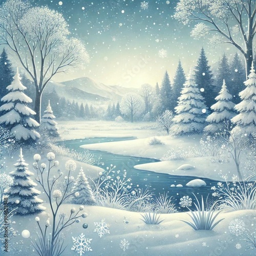 Winter Wonderland Forest Printed Art A Serene Illustration Of A Snowy Winter Forest, Perfect For Bringing The Tranquility And Beauty Of The Winter Season To Any Space Printed Art.  photo